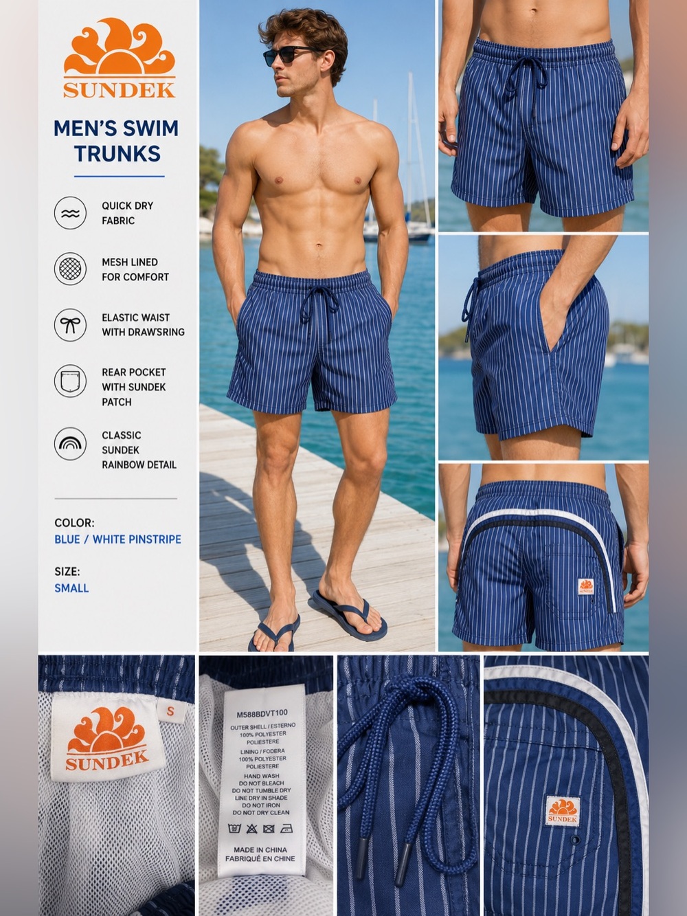 Sundek Blue White Pinstripe Swim Trunks Men's Small Mesh Lined Drawstring Beach